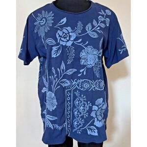 Johnny Was LA Lyra Tee Women Size Large Blue Relaxed Crew Neck Embroidered